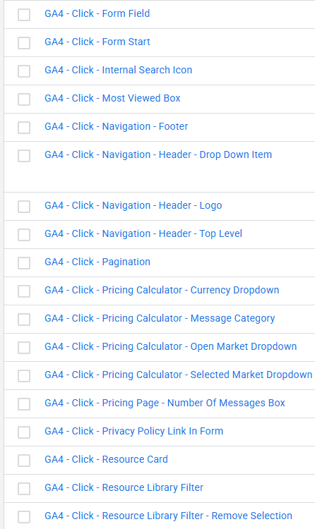 A screenshot of Google Tag Manager showing a list of GA4 events
