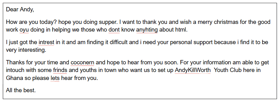 An email praising Andy for his beginner's guide to HTML site and suggesting a youth club opens in Ghana under Andy's name